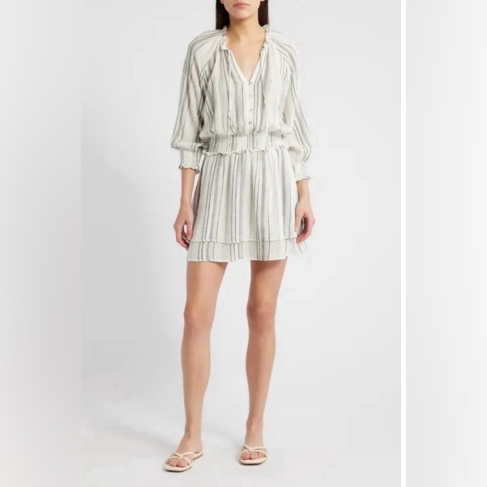 Rails Olivia Linen Blend Striped Smocked Waist 3/4 Sleeve V-Neck Dress Size M